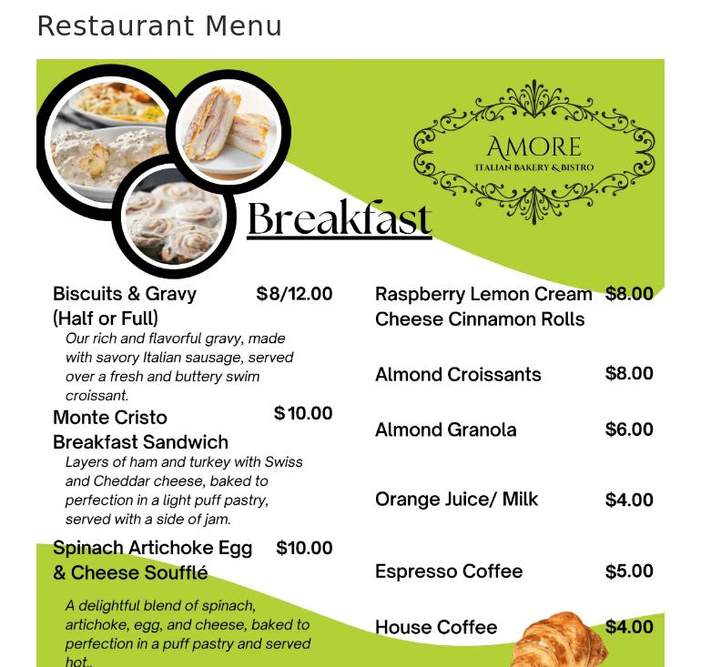 Amore Italian Bakery & Bistro Menu