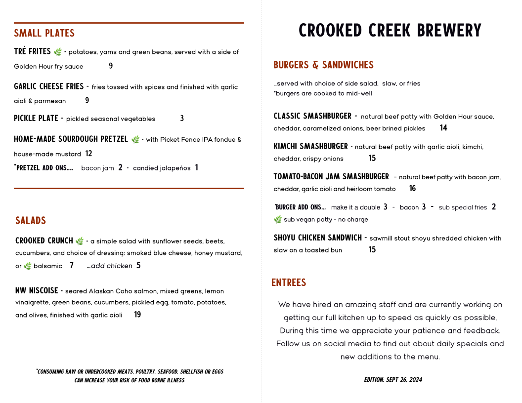 Crooked Creek Brewery Menu