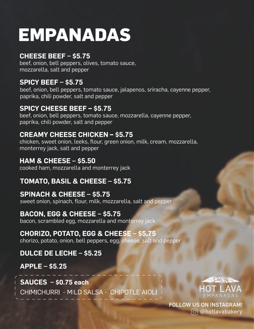 Hot Lava Empanadas Menu