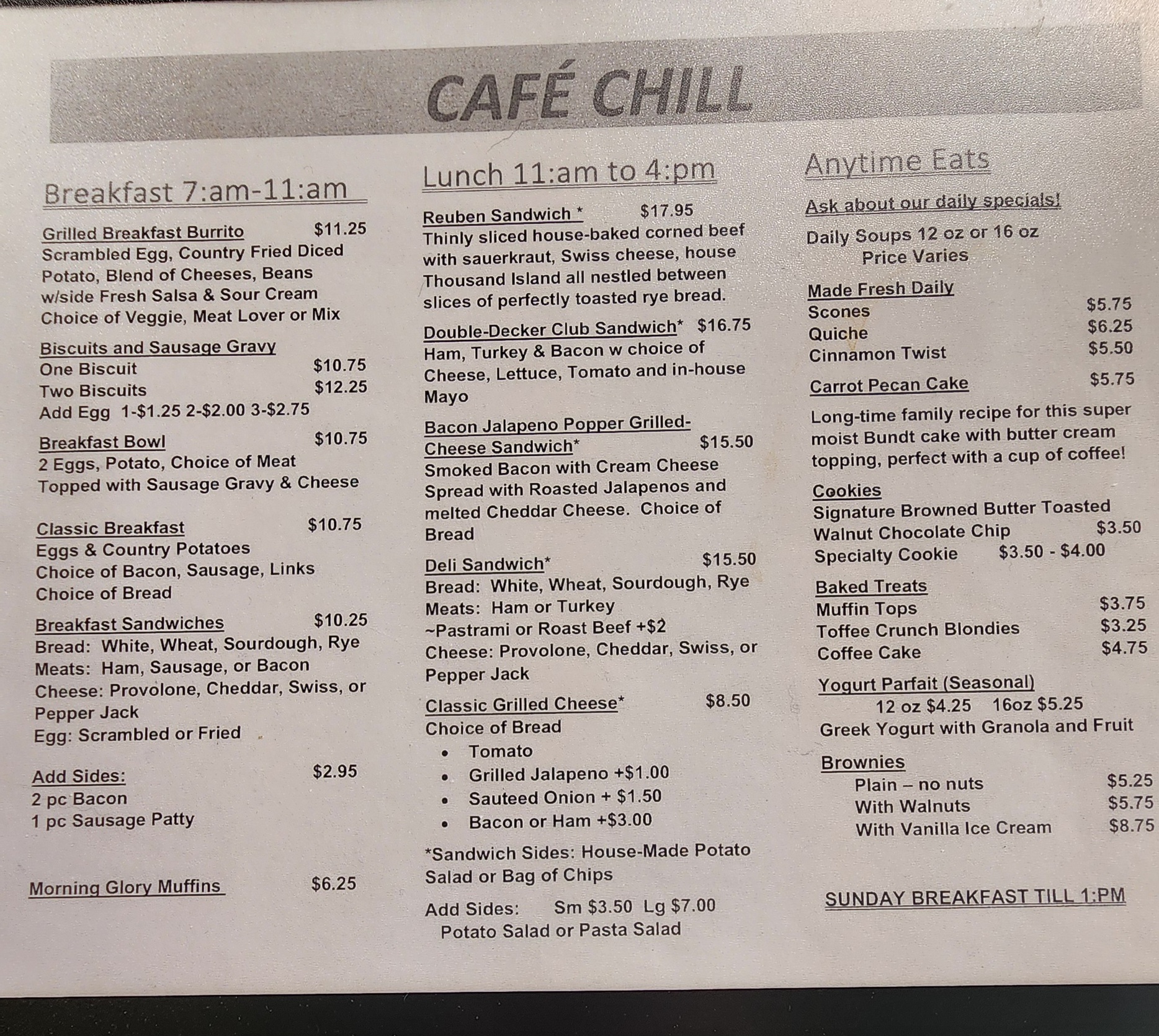 Café Chill Menu