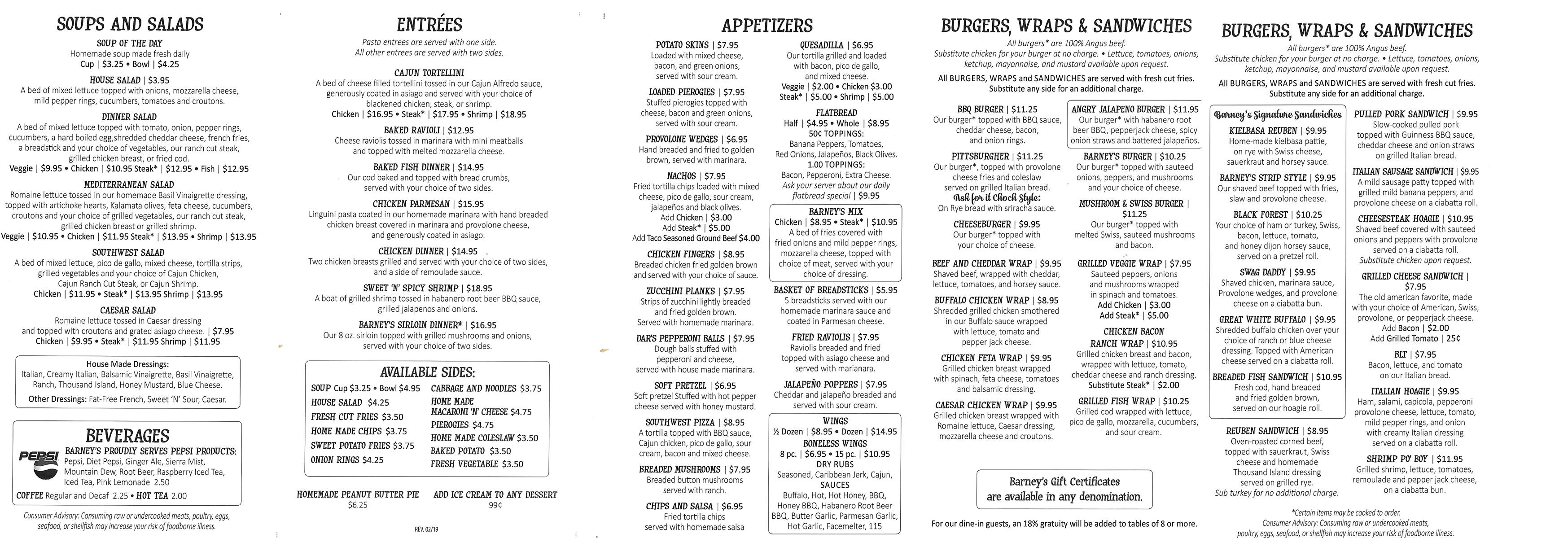 Barney's Bar and Grille Menu