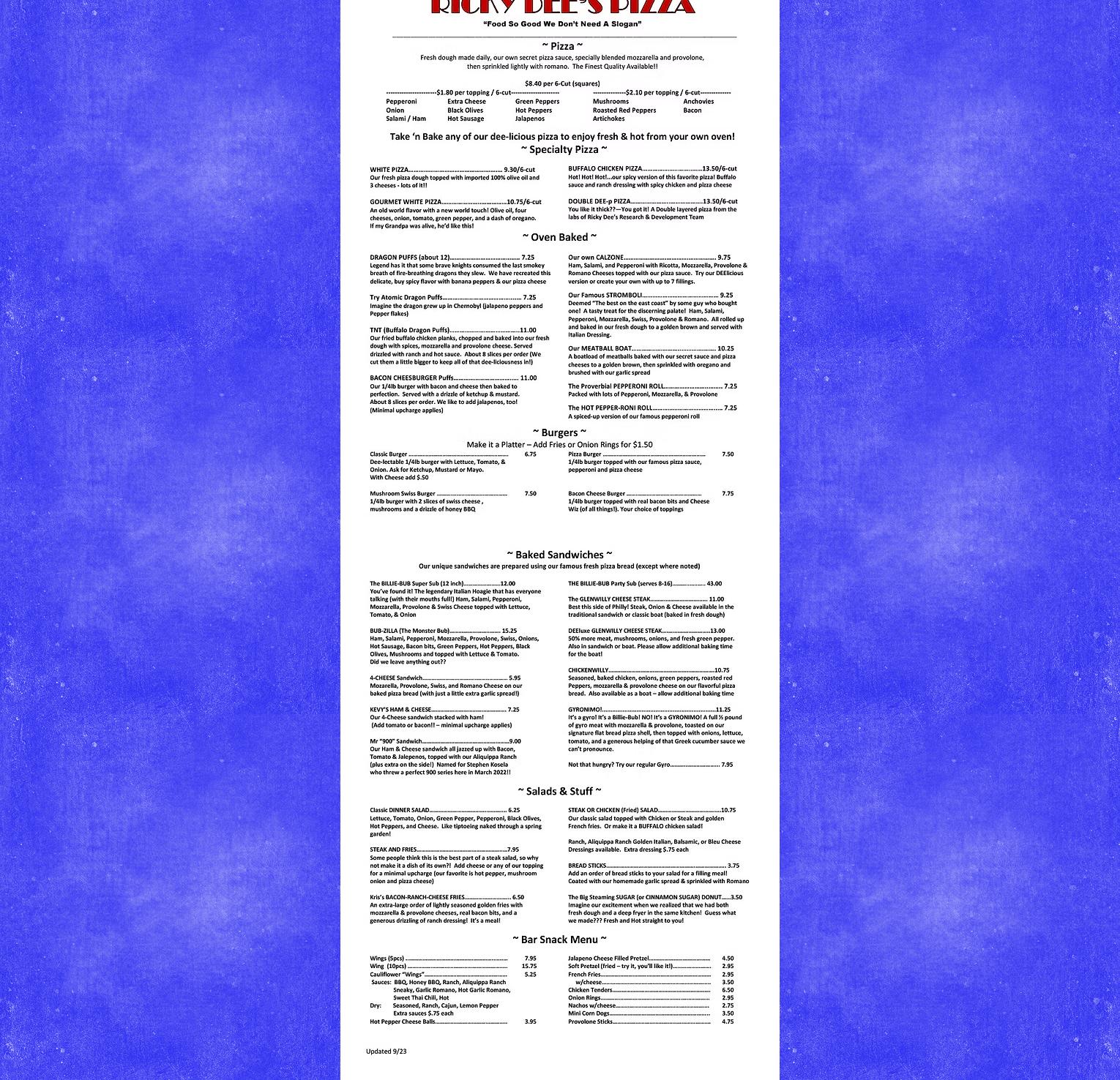 Sheffield Lanes Menu