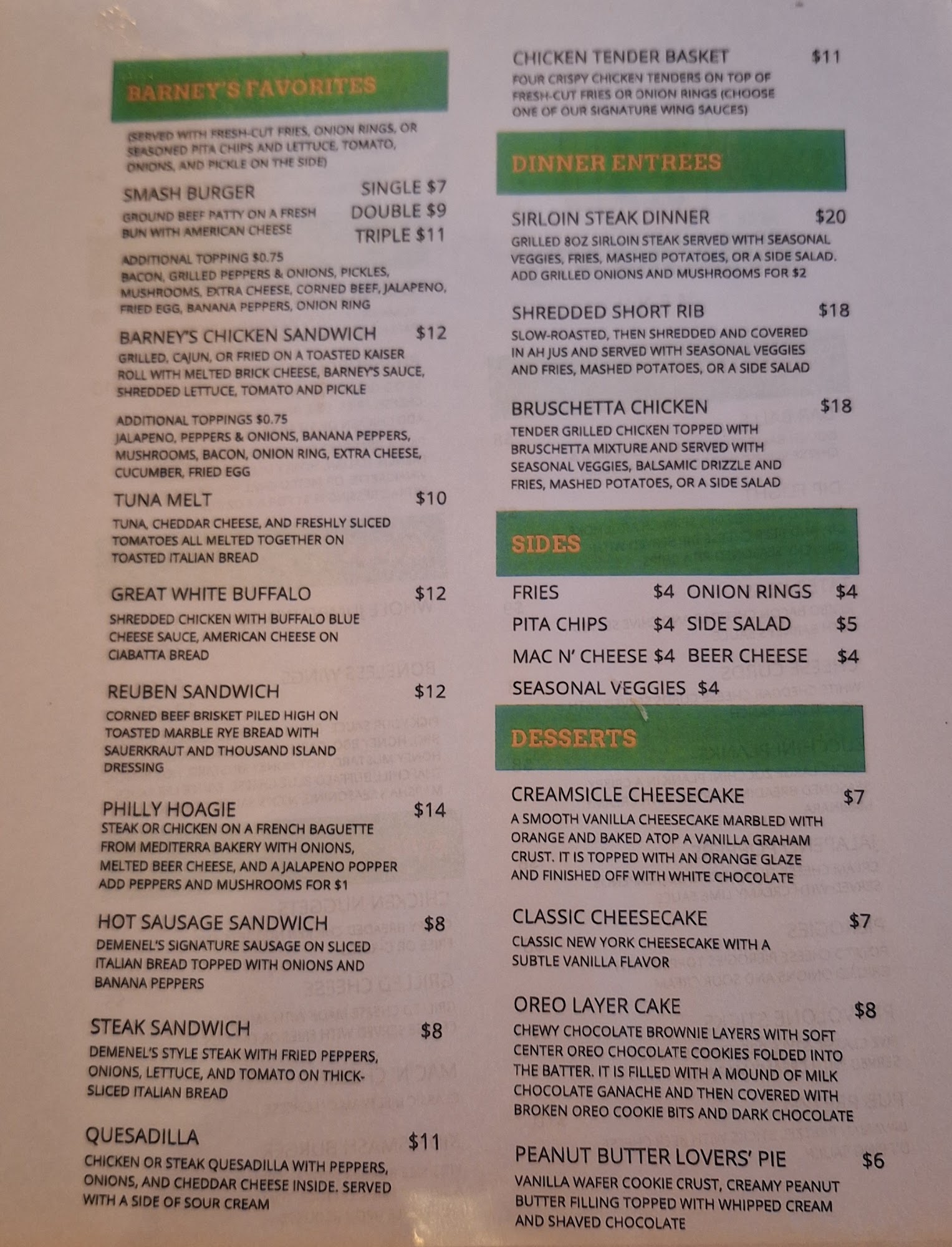 Back 2 Barney’s Menu