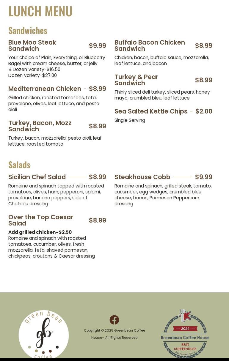 Greenbean Coffee House Menu
