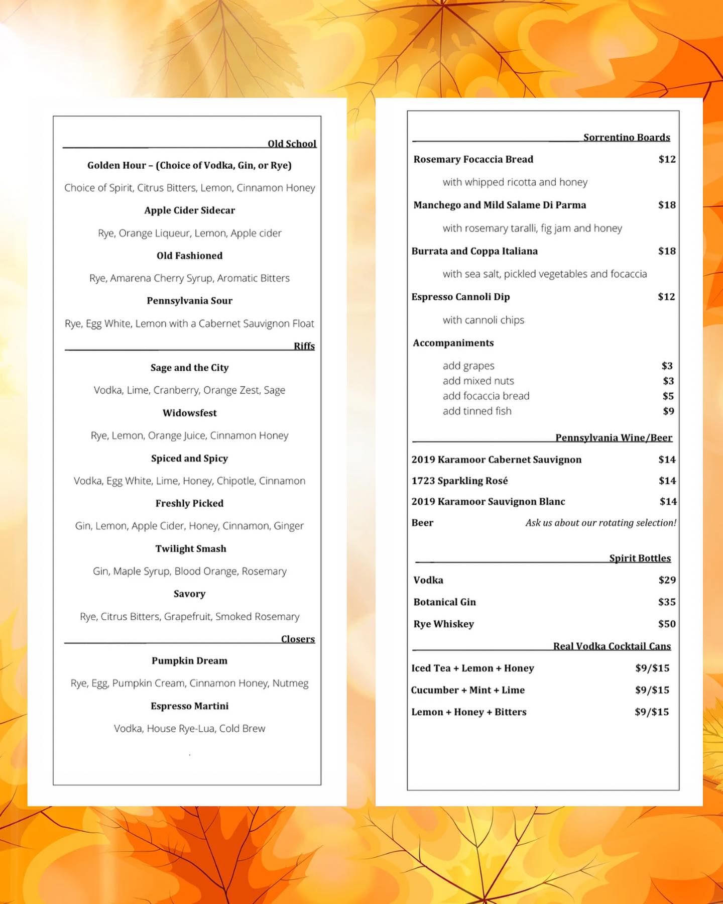 Widow's Peak Distilling Company Menu