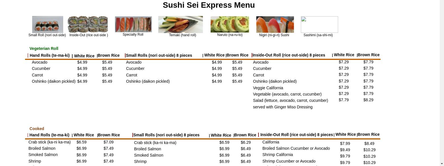 Sushi Sei Express Menu