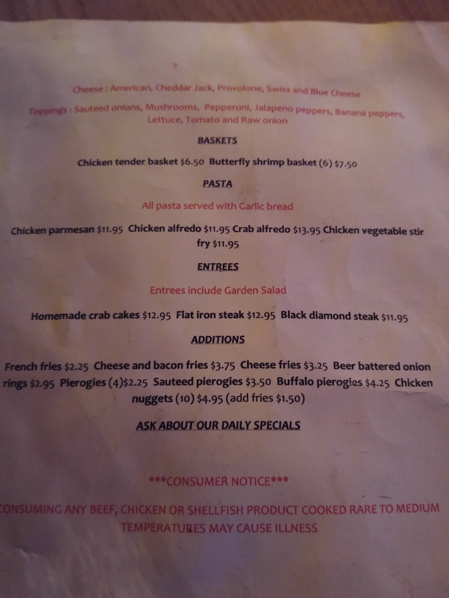 Kickers Pub Menu