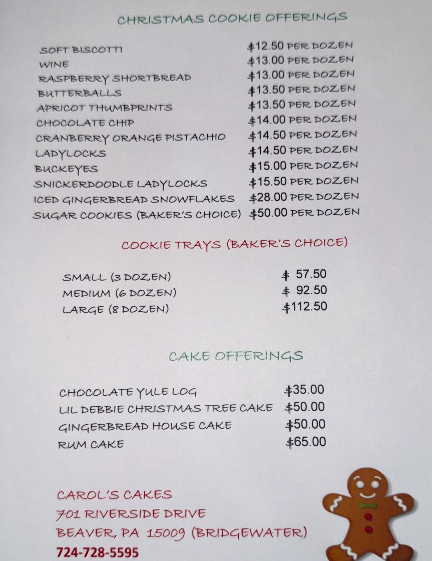 Carol's Cakes Menu
