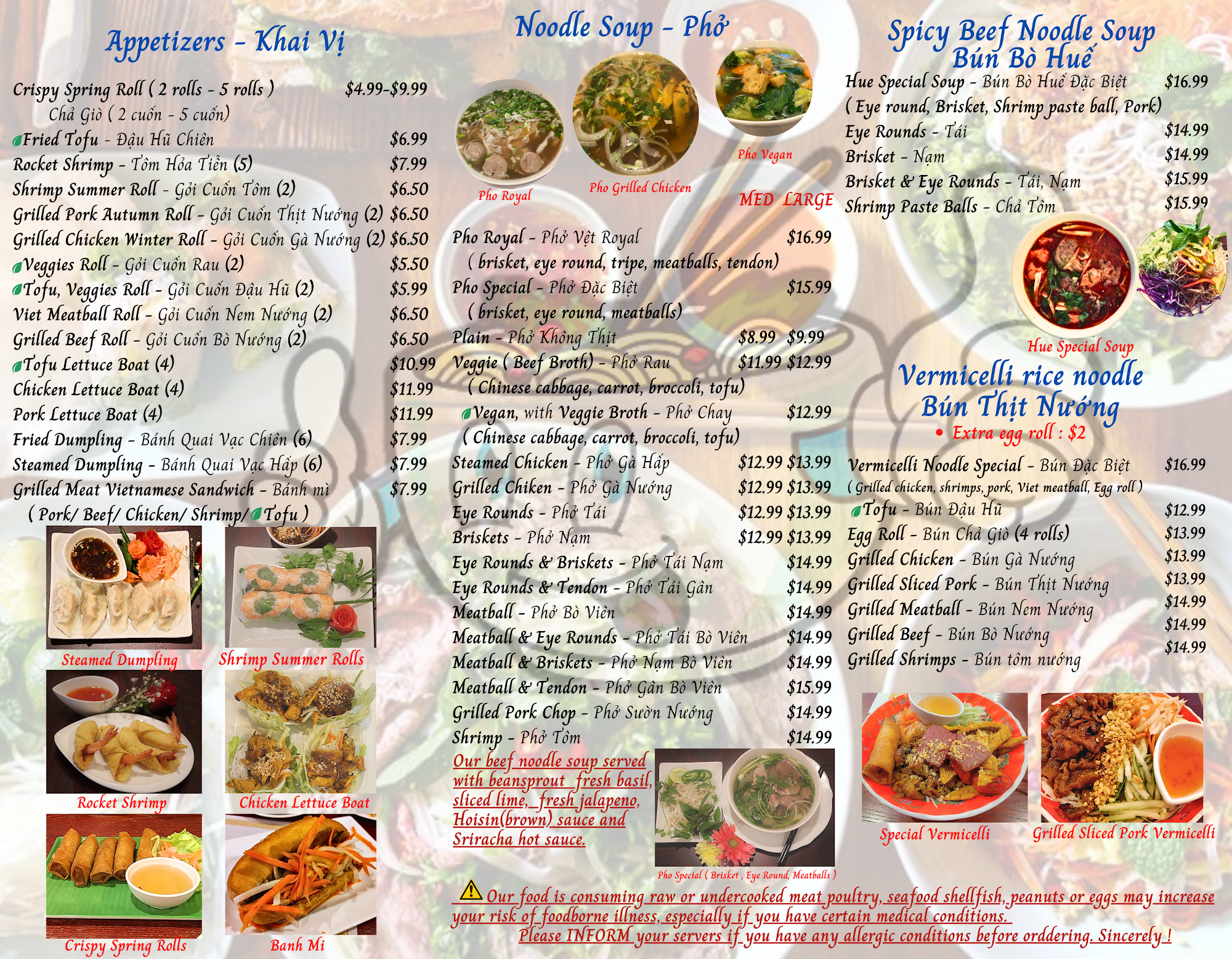 Pho viet royal II Menu