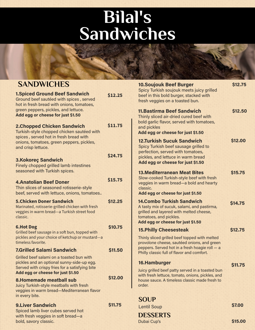 Bilal's Breakfast & Sandwiches Menu