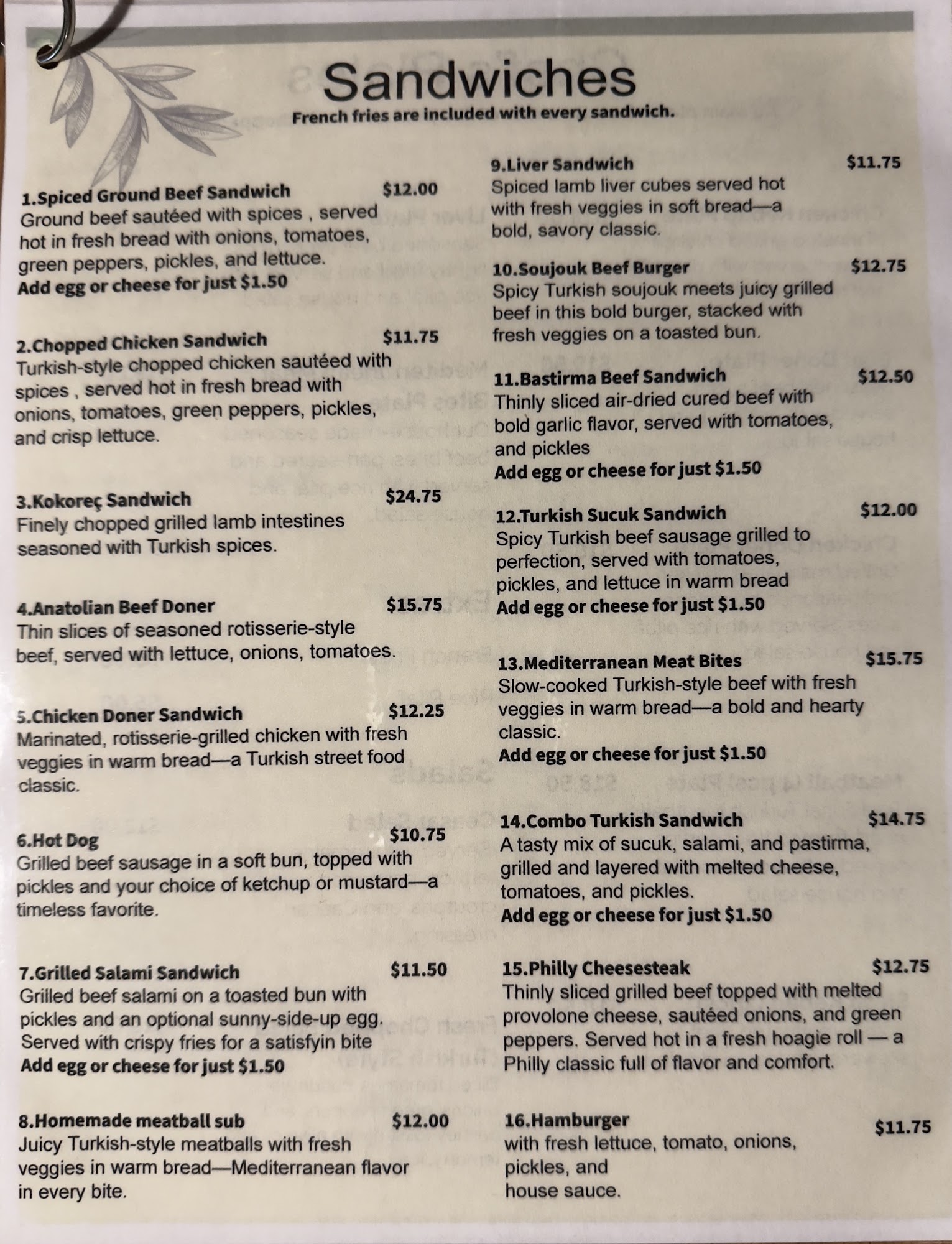 Bilal's Breakfast & Sandwiches Menu