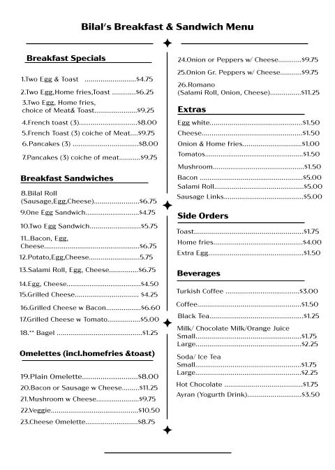 Bilal's Breakfast & Sandwiches Menu