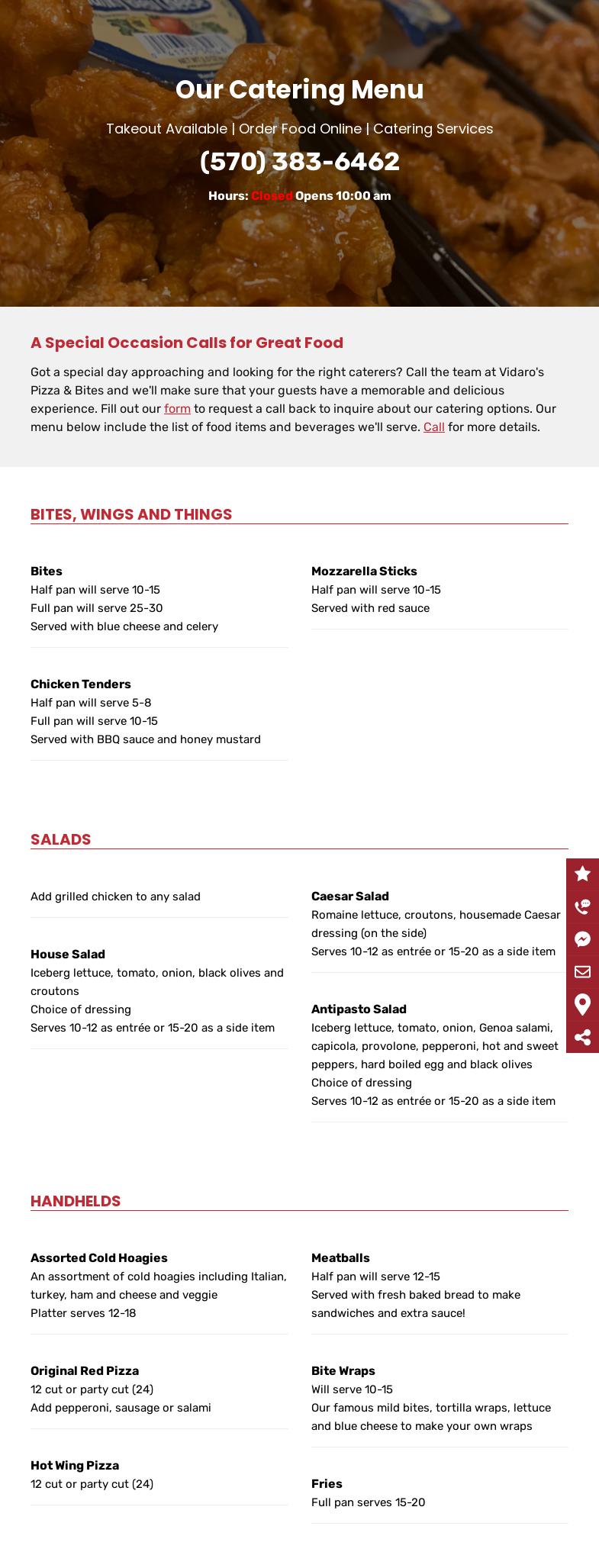 Vidaro's Pizza & Bites Menu