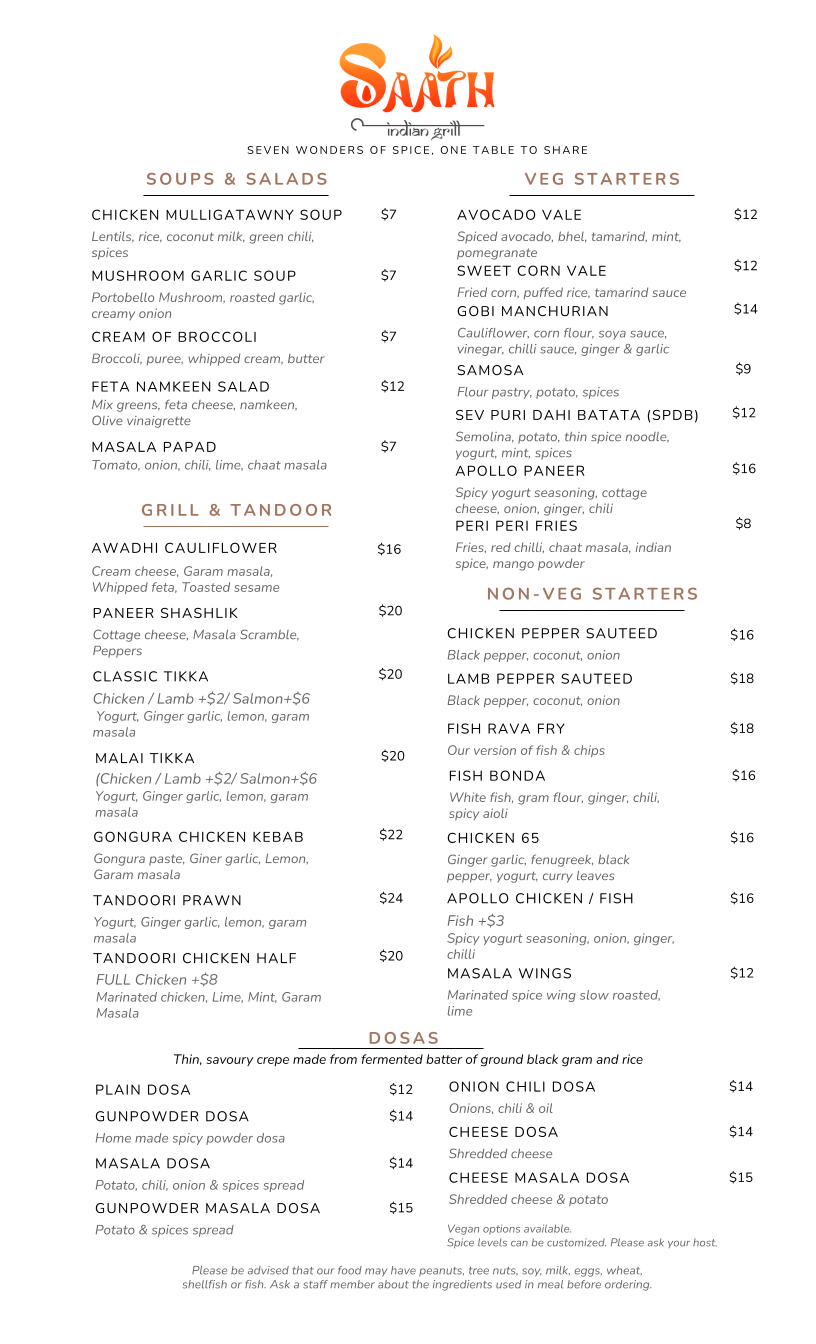 Saath Indian Grill Menu