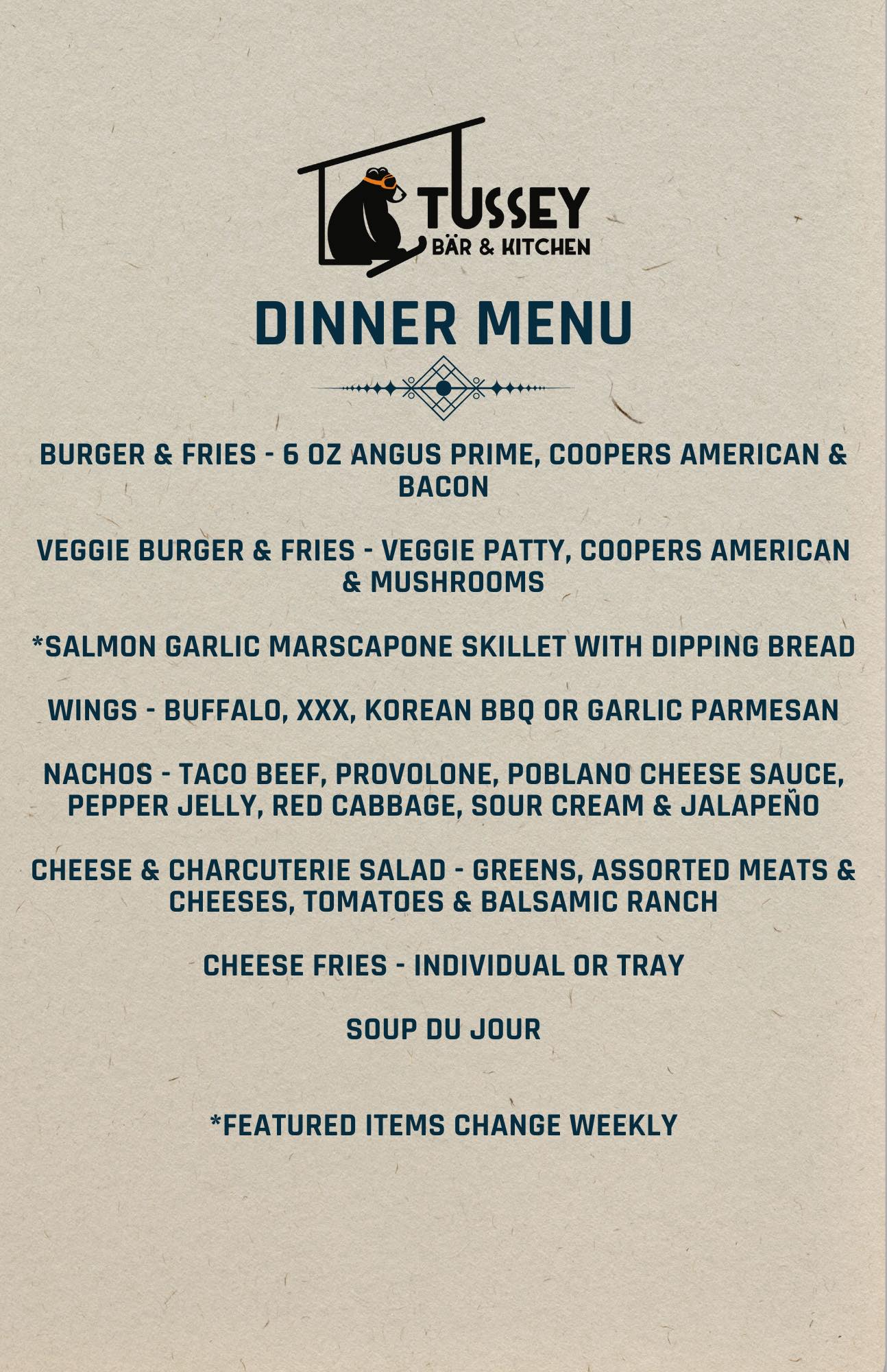Tussey Bär & Kitchen Menu