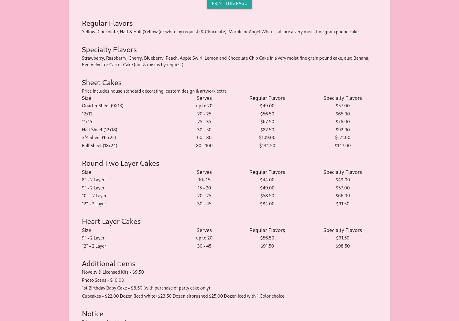 Dice's Creative Cakes Menu