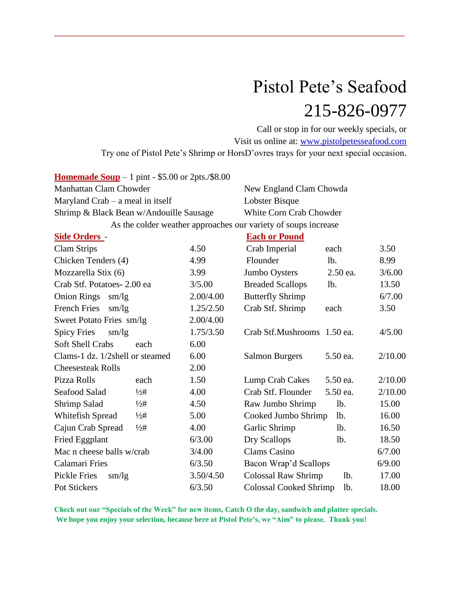 Pistol Pete's Seafood LLC Menu
