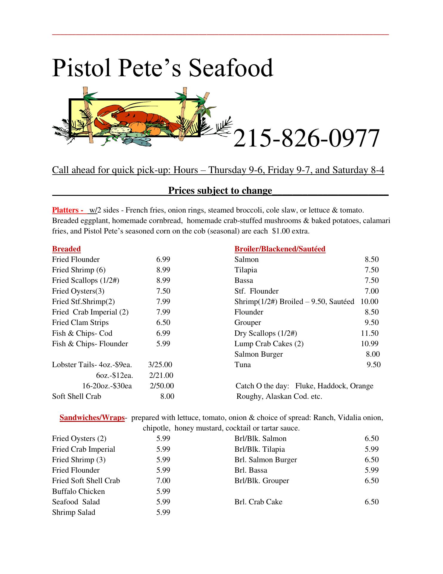 Pistol Pete's Seafood LLC Menu