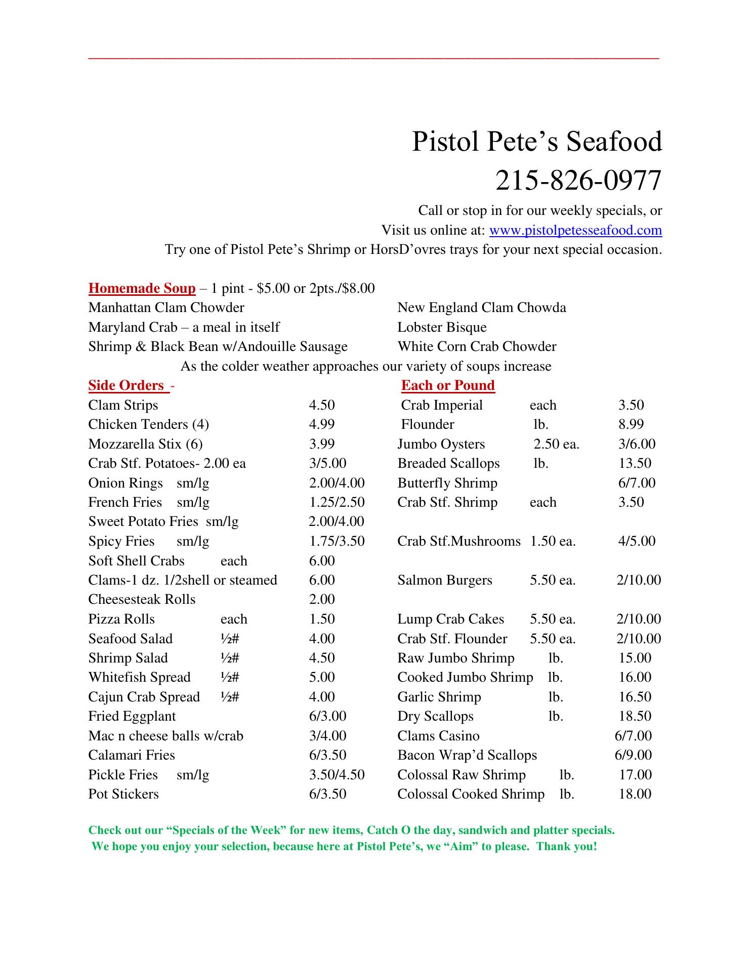 Pistol Pete's Seafood LLC Menu