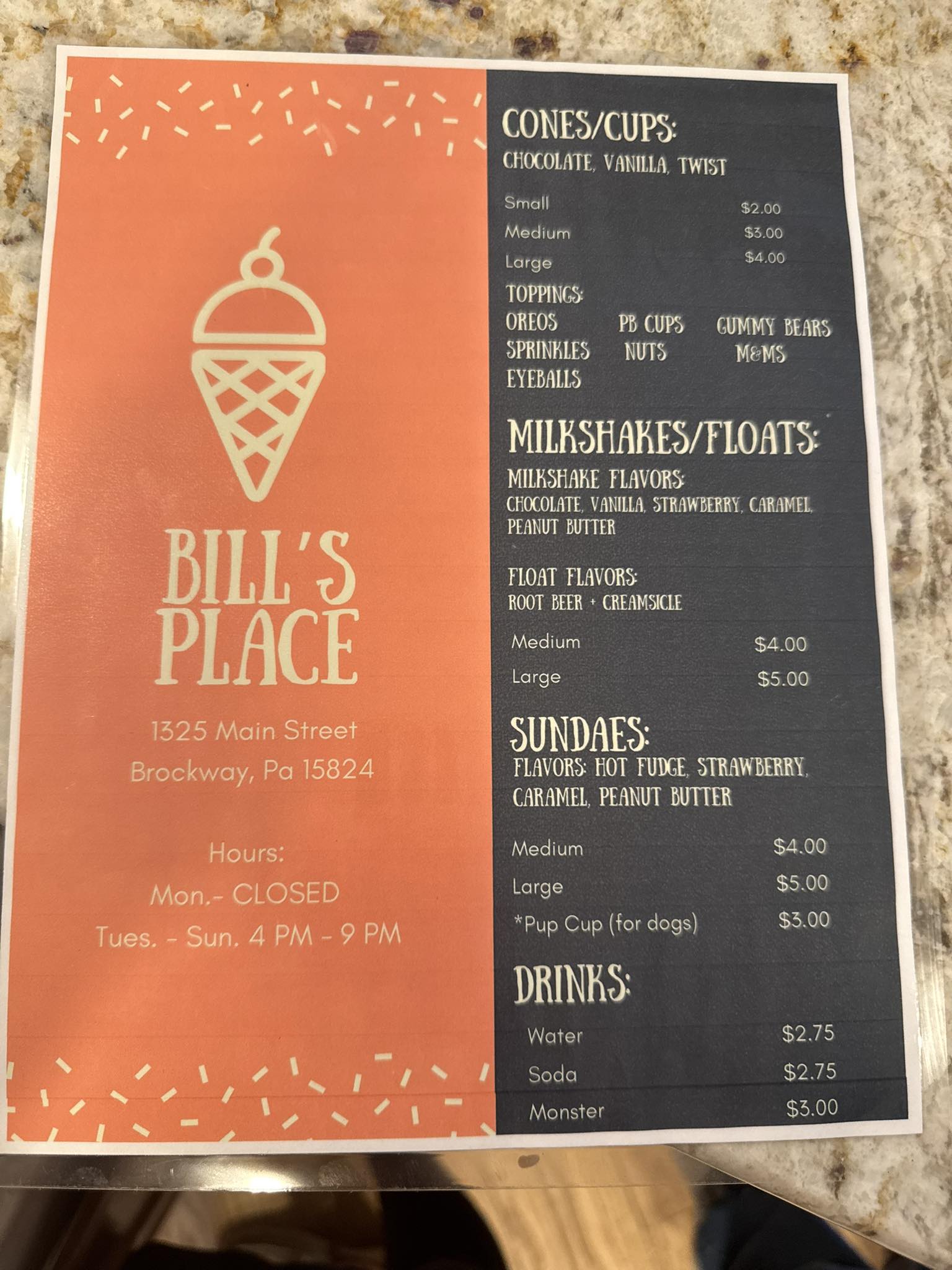 Bill's Place Menu
