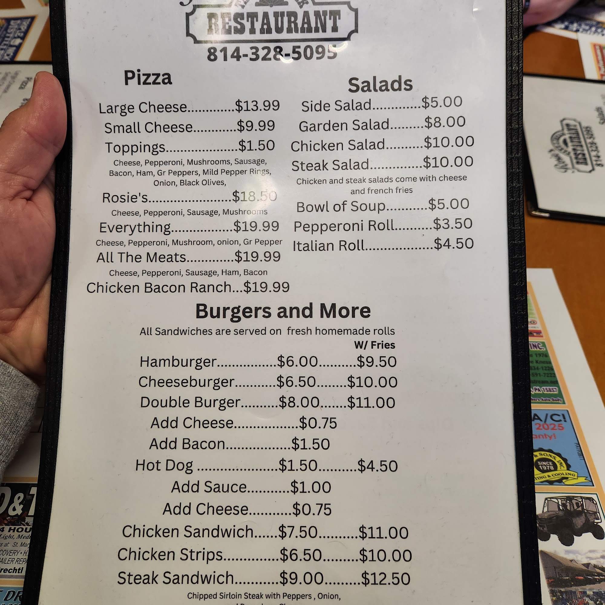 Rosie's Take A Break Restaurant Menu