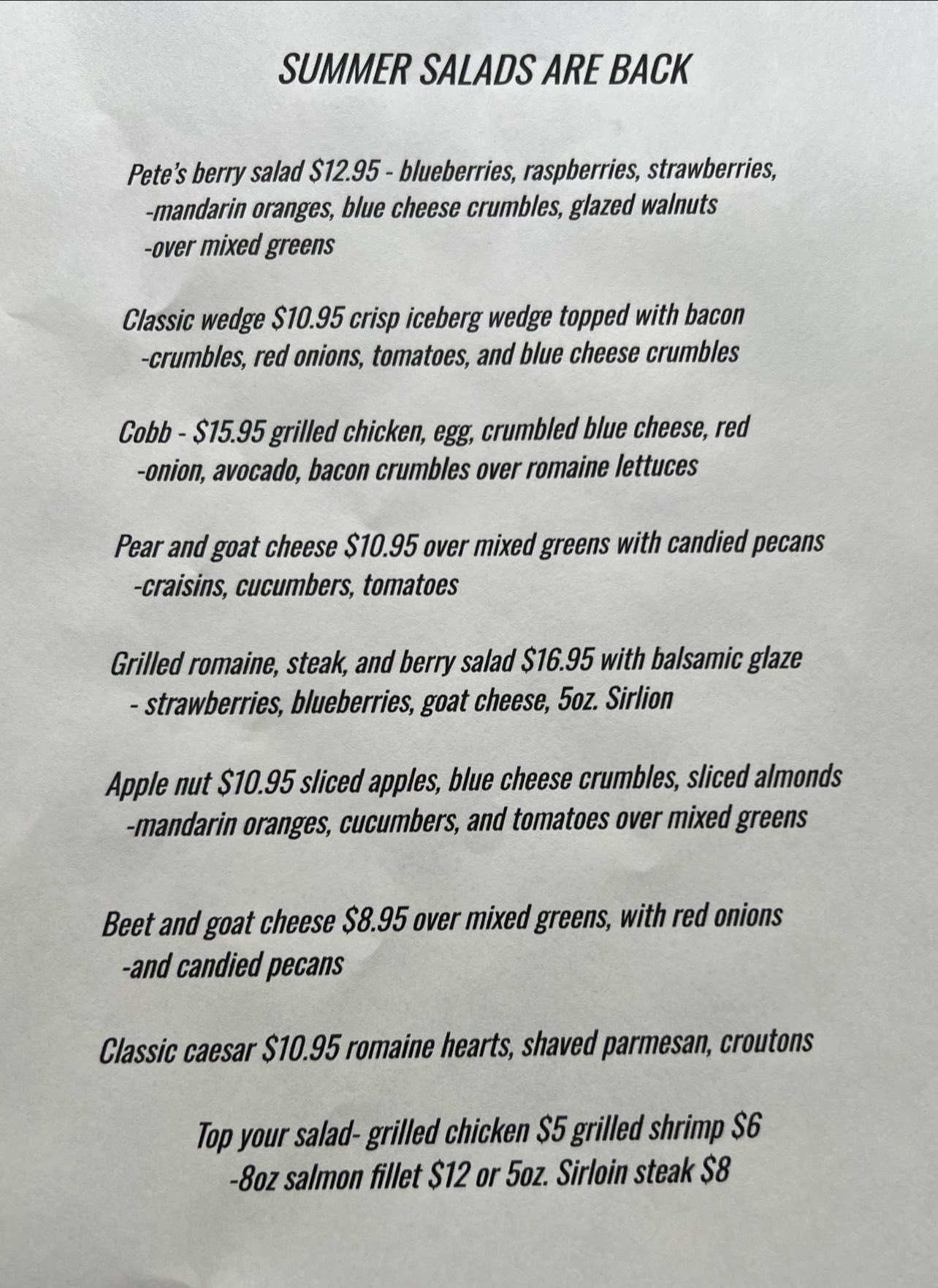 Pete’s Place at the Manor Menu