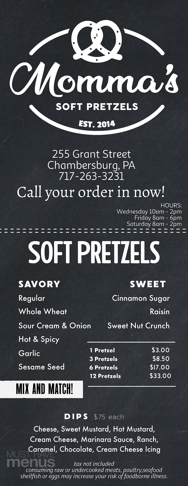 Momma's Soft Pretzels Menu
