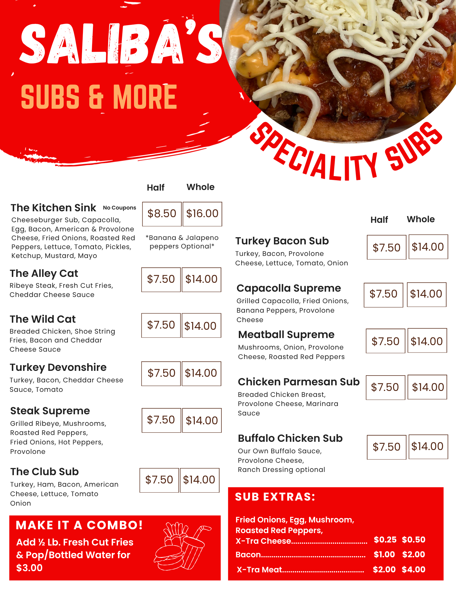 Saliba's Subs and More Menu