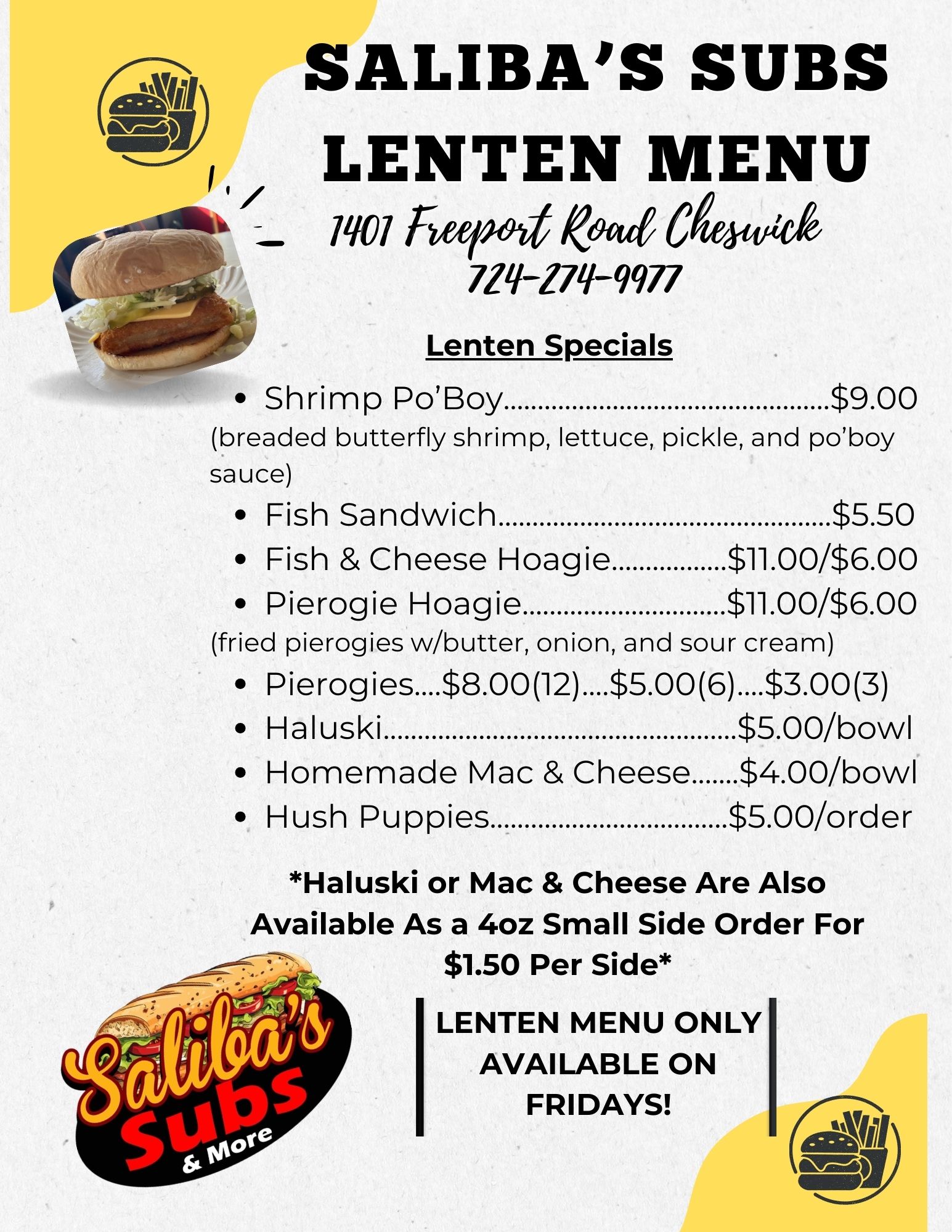 Saliba's Subs and More Menu