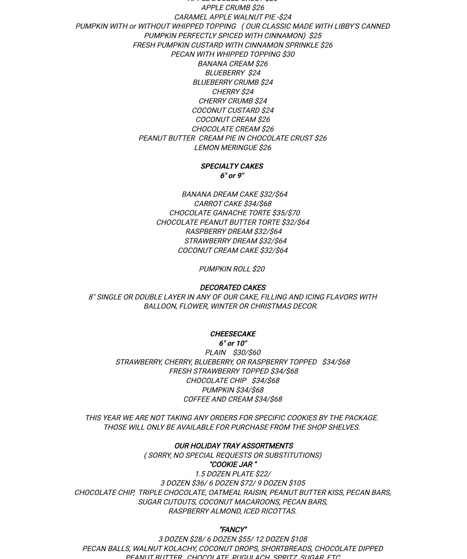 Rita's Bakeshop Menu