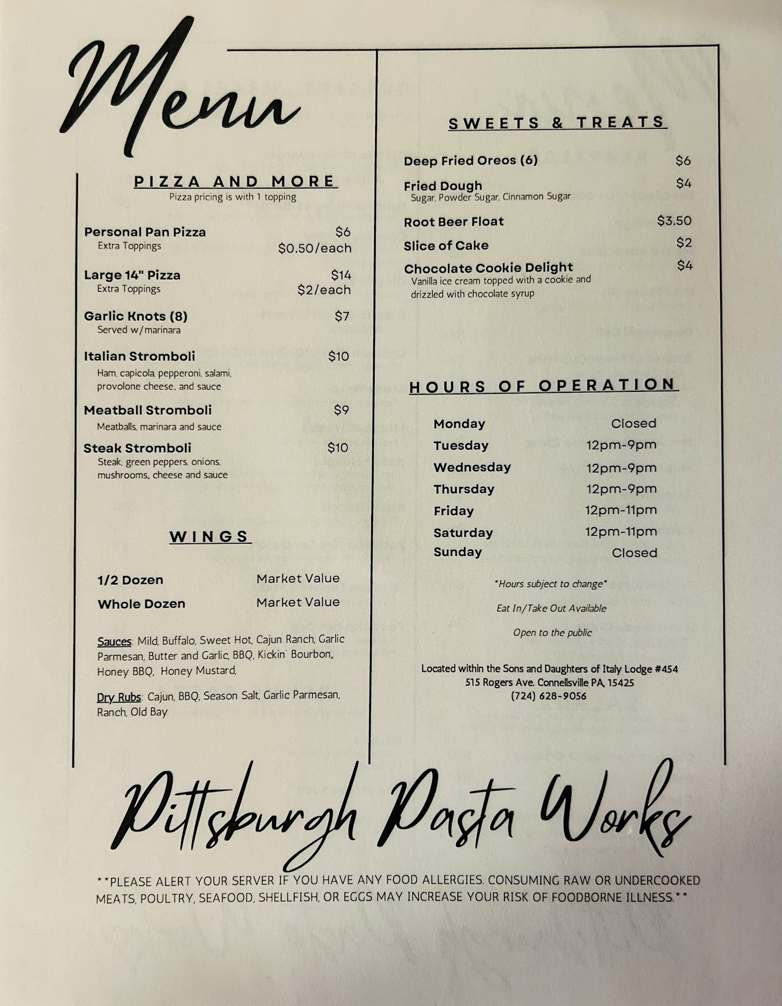 Sons & Daughters of Italy #454 Menu