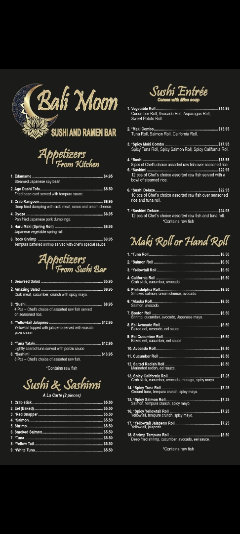 Bali Moon Sushi and Ramen Bar Menu