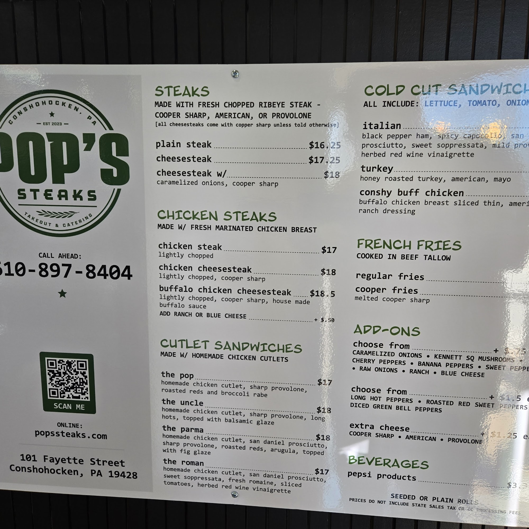 Pop's Steaks Menu