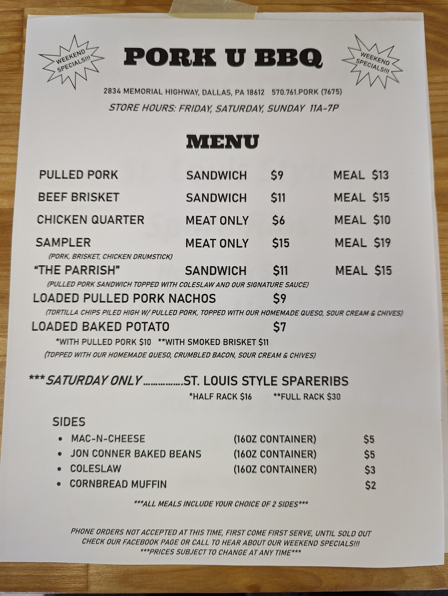 Pork U Menu