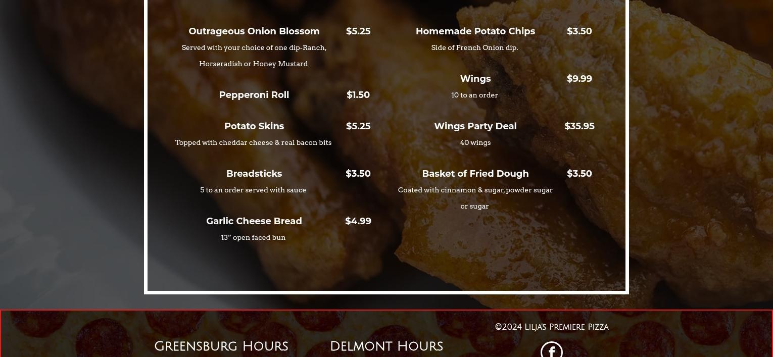 Lilja's Premiere Pizza Menu