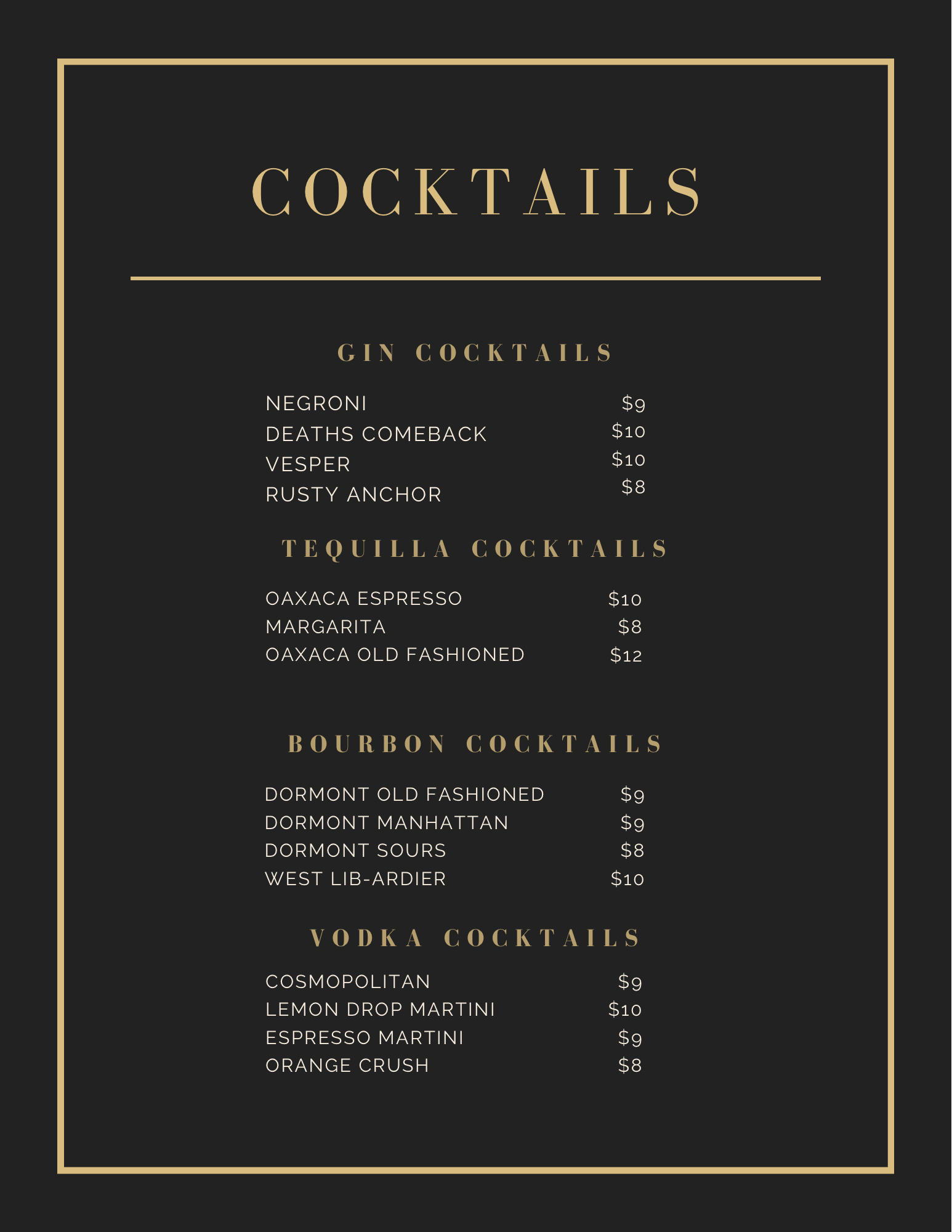 The Blind Fox Cigar Bar Menu