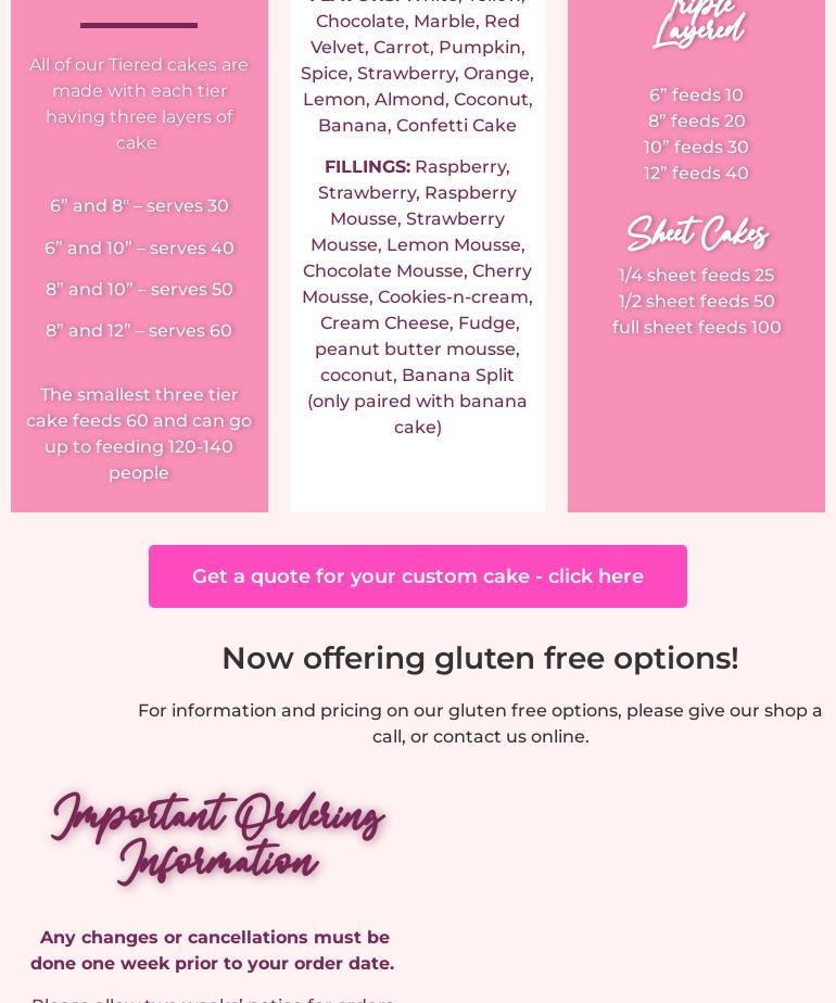 Amy's Custom Cakery Menu