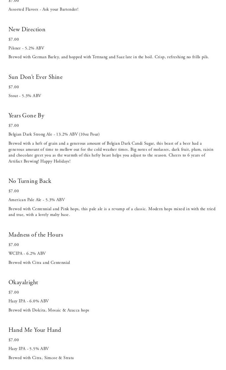 Artifact Brewing Menu