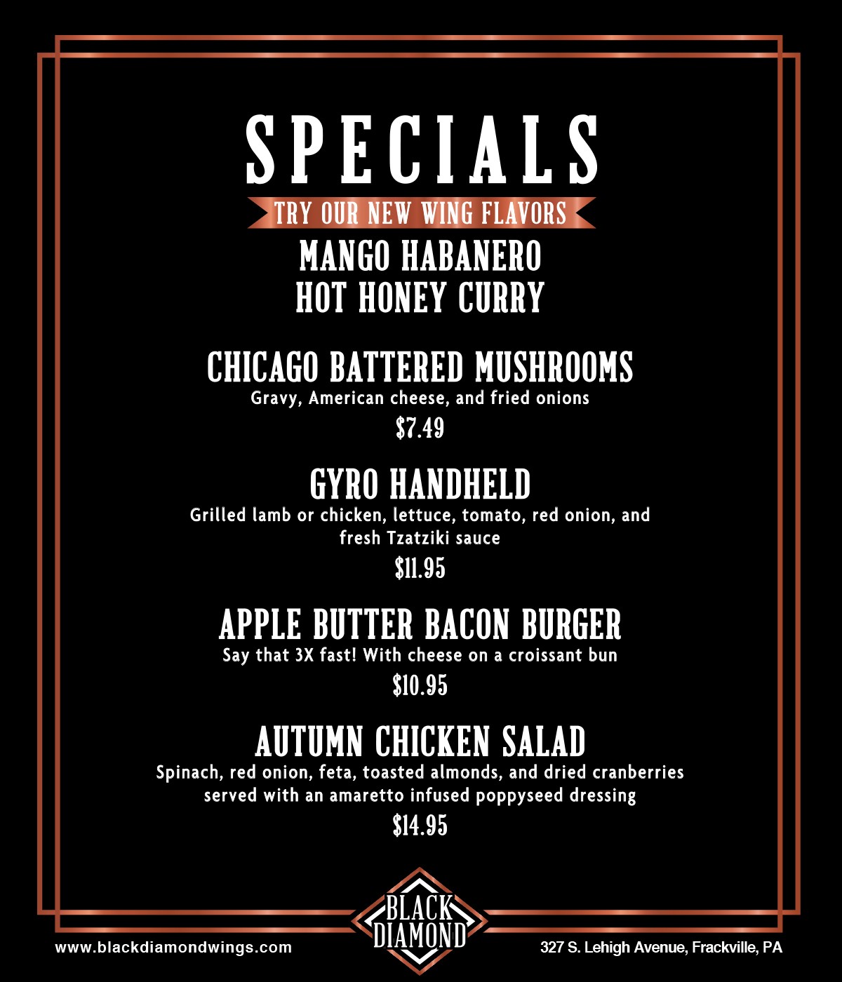 Black Diamond Grill & Cocktail Bar Menu