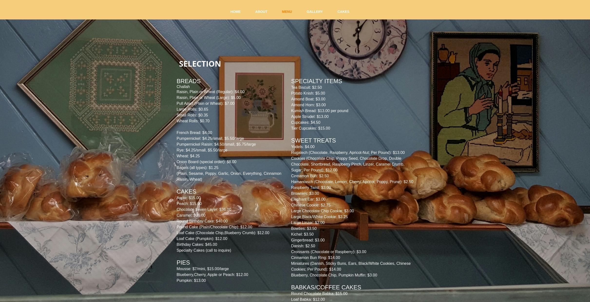 Roling's Bakery Menu