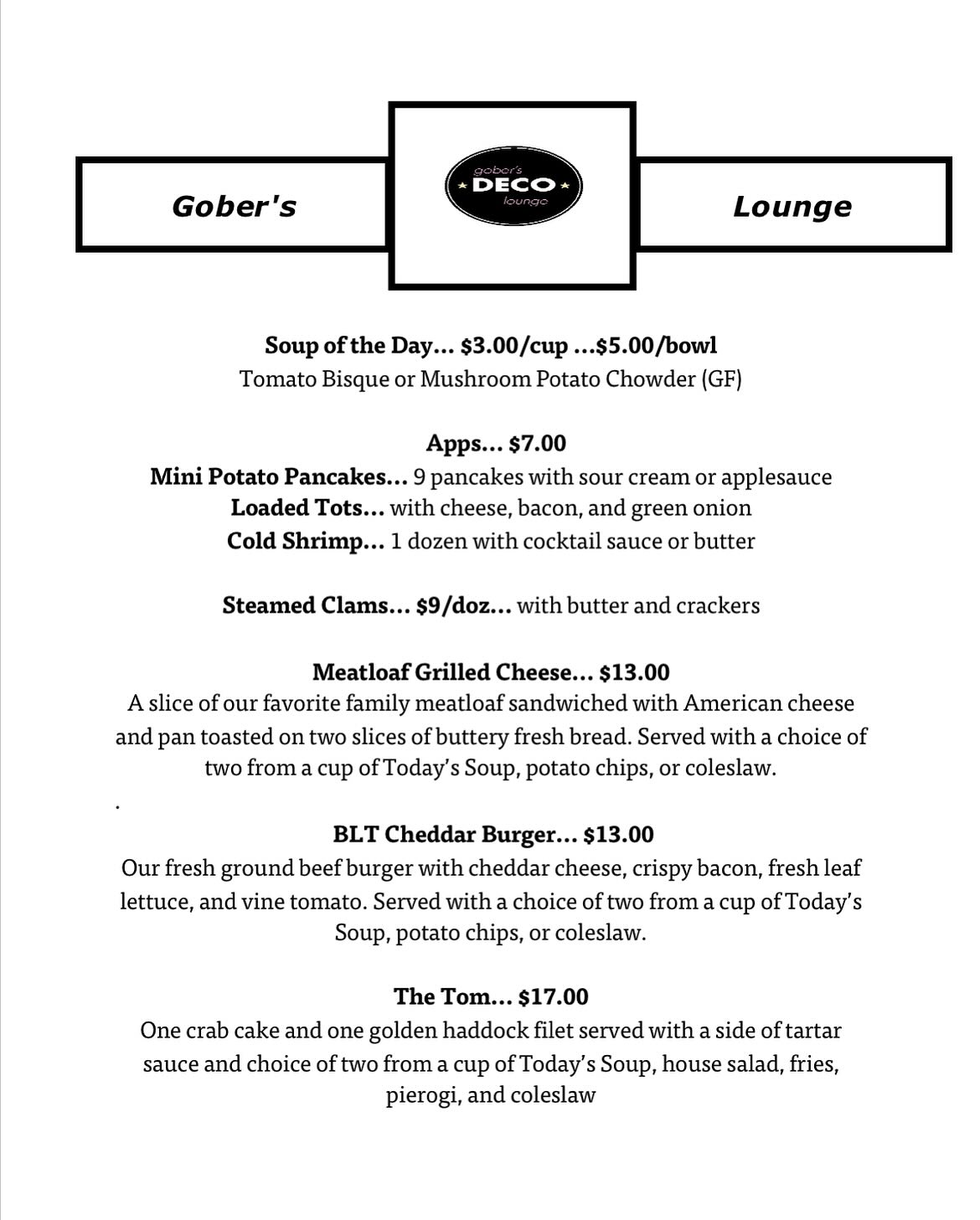 Gober's Deco Lounge Menu