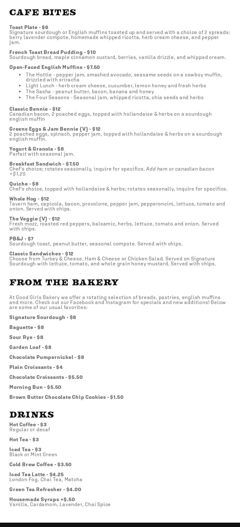 Good Girls Bakery Menu