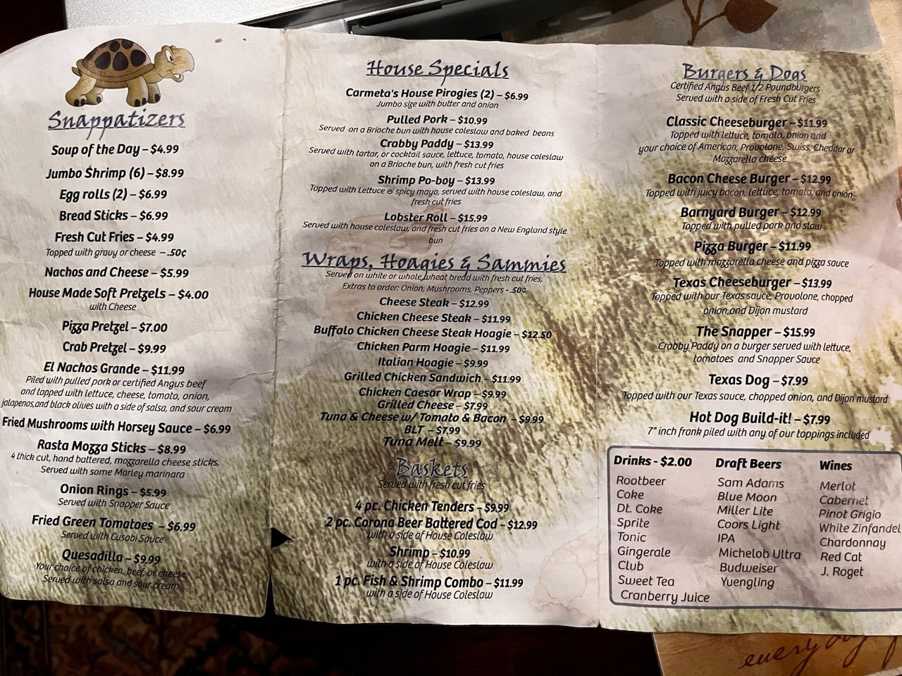 Snapper's Bar and Grill Menu