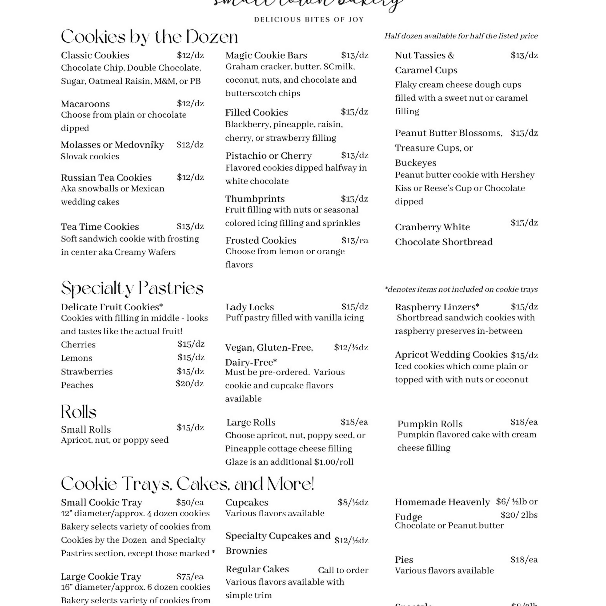 Small Town Bakery Menu