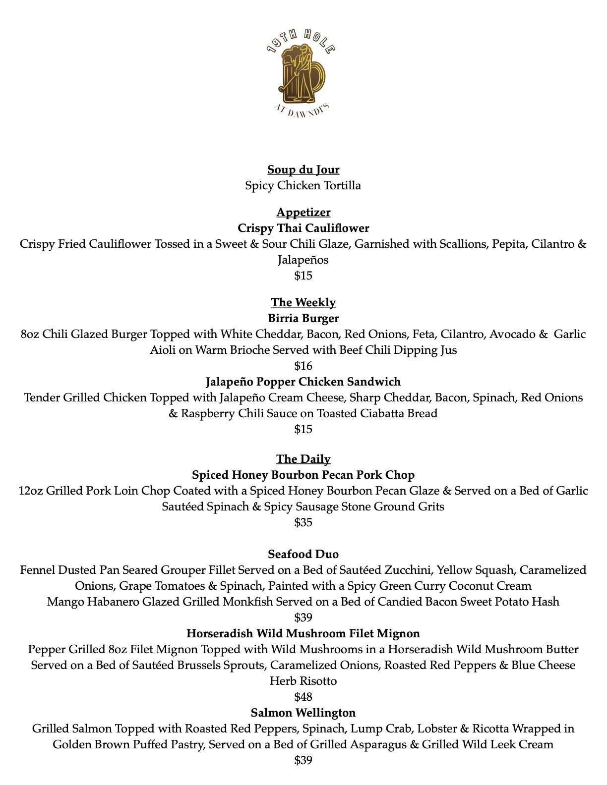 Elevated at Dawndi’s Menu