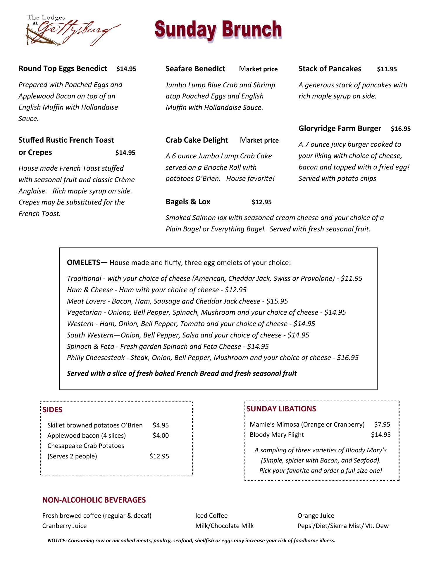Gloryridge Tavern and Grill Menu