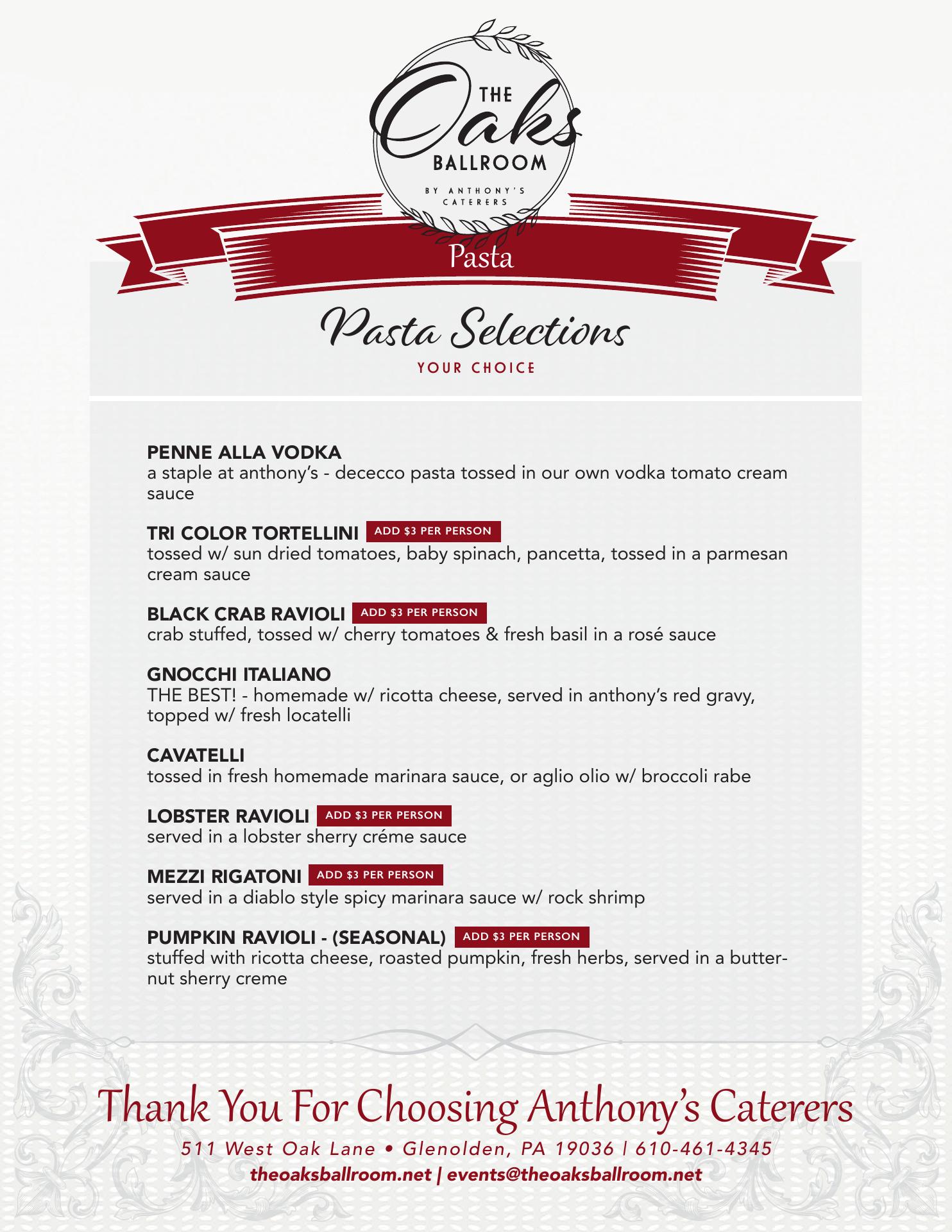 Oaks Ballroom Menu