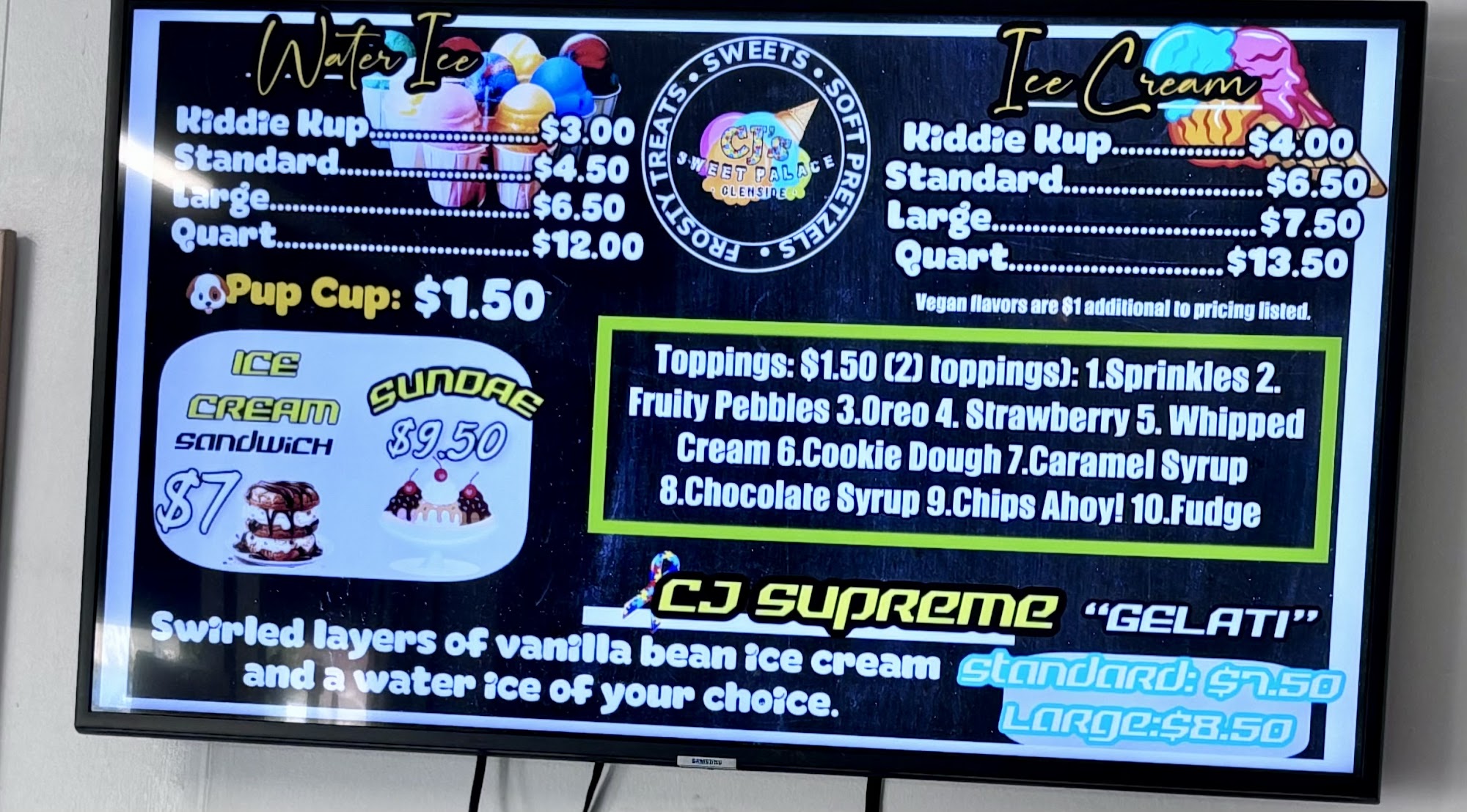 CJ’s Sweet Palace Menu