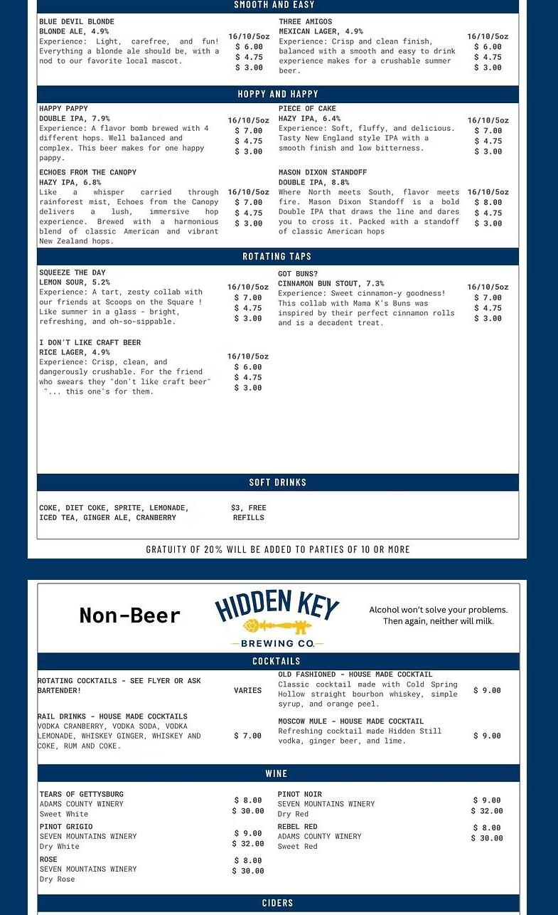 Hidden Key Brewing Co. Menu