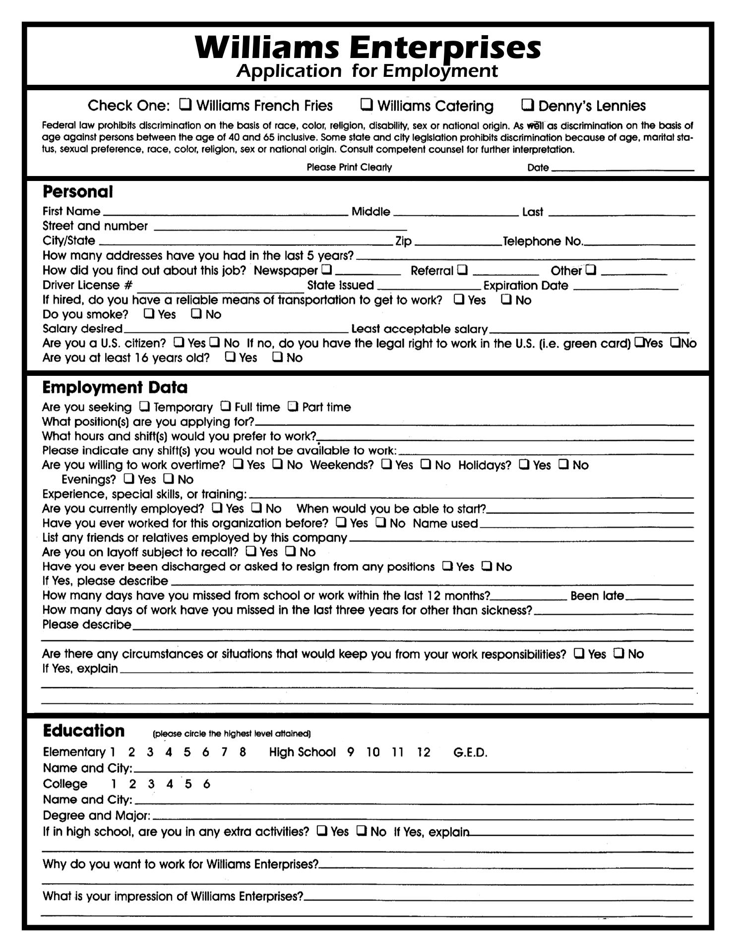 Williams Catering Menu